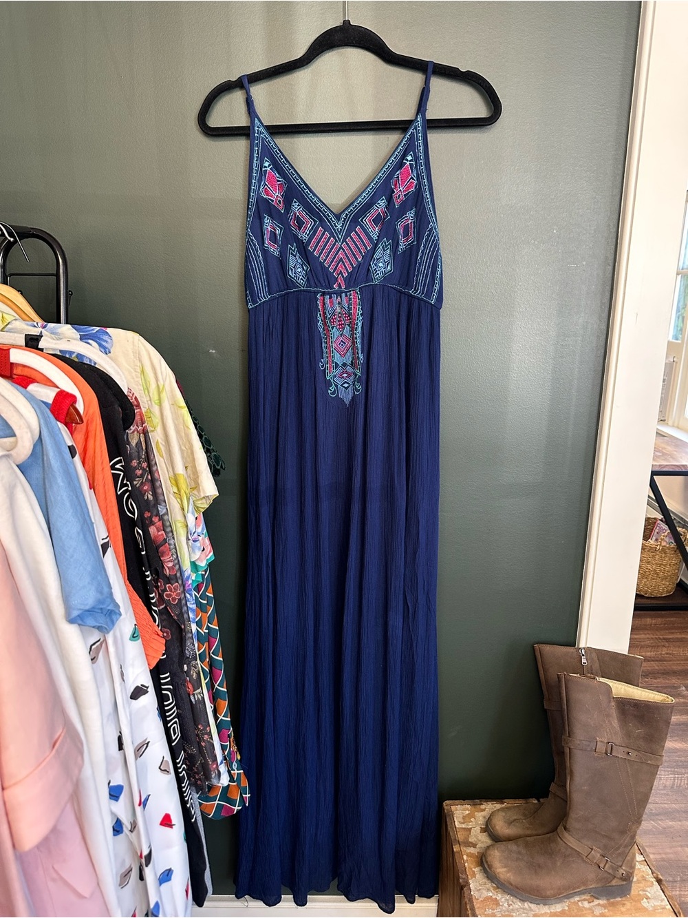 Joules Navy Maxi Dress with Pink & Teal Embroidery